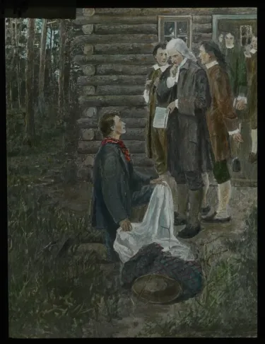 William Tennent talking to Charles Beatty at the Log College