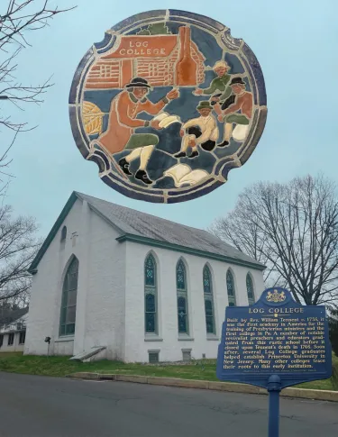 Photo of the Neshaminy-Warwick Presbyterian Church building in the background. Above is a photo of a tile representing Tennent and his Log College. To the right is a photo of the blue Historical Commission marker for the Log College site.