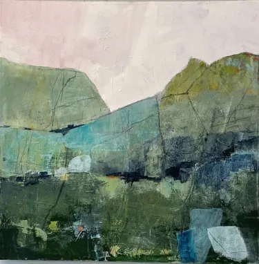 Abstract painting with green foreground and pinkish background