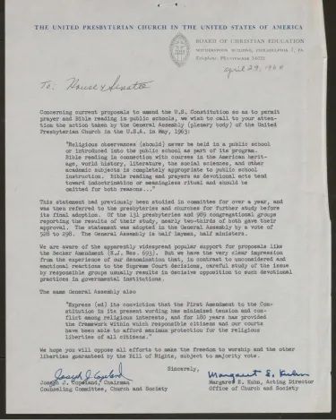 Correspondence written on Board of Christian Education letterhead, signed by Maggie Kuhn
