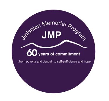 Dark blue circular logo with white lettering about Jinishian Memorial Program's 60th anniversary