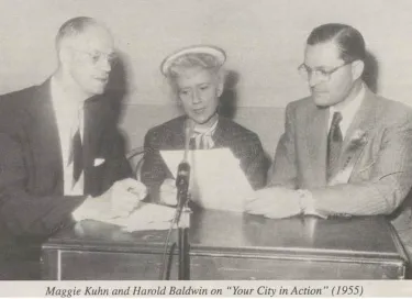 Maggie Kuhn sits in the middle seat at a table, participating in a radio broadcast, 1955. 