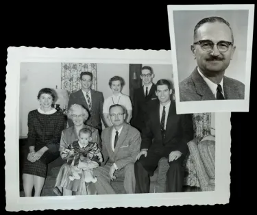 Family photograph of Gertrude and Harold and their children; portrait photo of Harold Voelkel, black and white. He wears glasses and has a mustached.