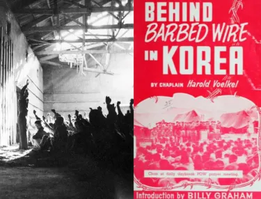 Black and white image of Harold Voelkel on the left standing in front of a crowd, all with their hands raised in the air; on the right is the cover of Voelkel's memoir Behind Barbed Wire.