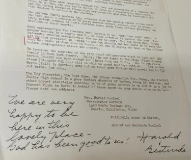 The Voelkels final "Dear Friends" letter, in which they announce their retirement to California in June 1968. Typed on a sheet of white paper, with a handwritten note in pen at the bottom left.