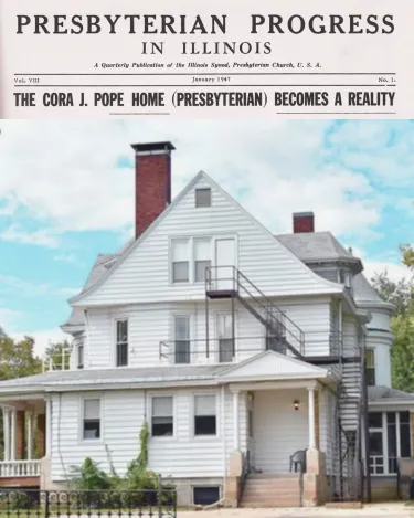 An image of the Cora J Pope Home in 2016 before renovations. At the top of the image is the headline from the January 1947 edition of Presbyterian Progress in Illinois, announcing the opening of the home.