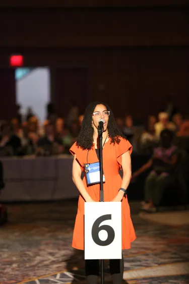 Teaching Elder commissioner Morgan Burge of Greater Atlanta Presbytery moves to end debate on Con-10 during Plenary 6 on June 29. Photo by Jim Deweese. 