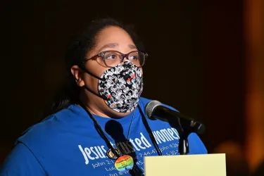 Ashley Birt, member of ACQ+E speaks during the 5th plenary of the 227th General Assembly. Photo by Kristen Gaydos