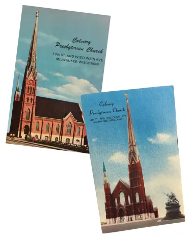 Two postcards depicting the Big Red Church, Calvary Presbyterian Church in Milwaukee, Wisconsin