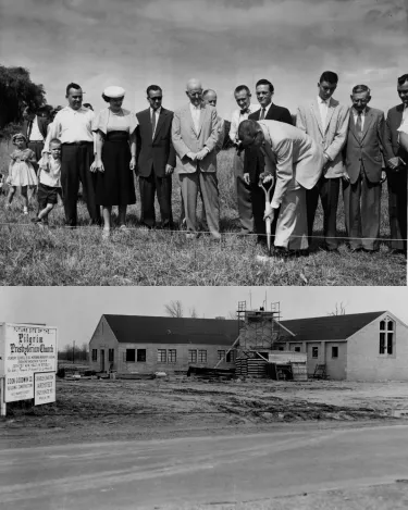 Two images one on top of the other, both black and white. Top photo is of a group of folks standing in a row, watching as one man digs a shovel into the dirt. Groundbreaking ceremony in Levittown, PA, for the final part of the church complex being built there -- the picture on the bottom is a photo of the church building during construction.