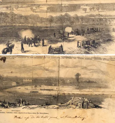 Two sketches of Civil War battle scenes, possibly lithographs or engravings, published in a serial newspaper called Frank Leslie's Illustrated Newspaper 