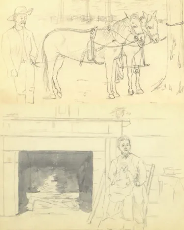 Two sketches. The top sketch is of a man standing with two harnessed horses. On the bottom is a sketch of an older woman sitting in a rocking chair by a hearth, holding a child on her lap.