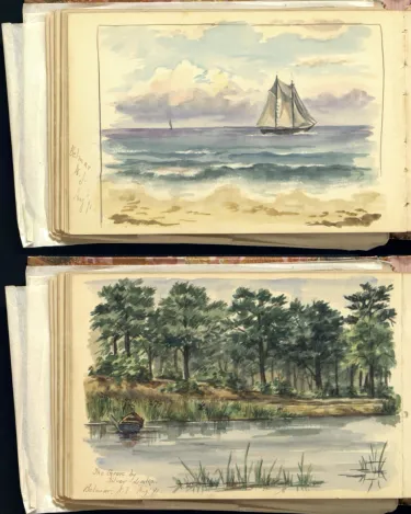 Two watercolor scenes of Bellmawr, New Jersey. The bottom is a scene of the beach, with bathers wading in the water. On top is a sailboat on the ocean; on bottom is a lake.