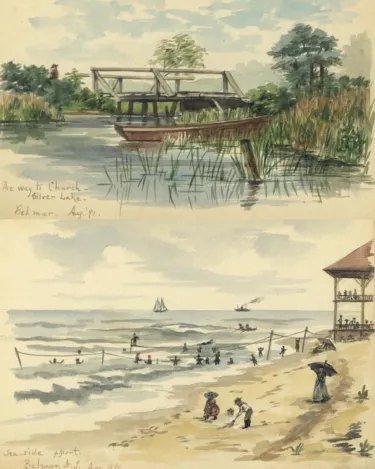 Two watercolor scenes of Bellmawr, New Jersey. The bottom is a scene of the beach, with bathers wading in the water. On top is a creek scene, with a bridge.