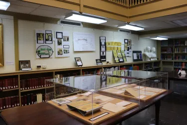 A photo of exhibit materials on display in the PHS reading room in March and April of 2024 when PHS hosted the traveling exhibit.