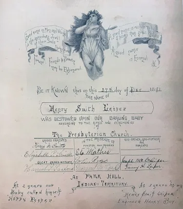 The naming certificate for Henry Smith Leiper, the first son of Joseph and Fanny Leiper, born in September 1891 but not given his name until December 27, 1891.
