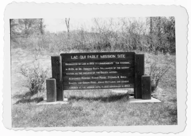 Sign at Lac qui Parle mission site, Minnesota, circa 1930s. 