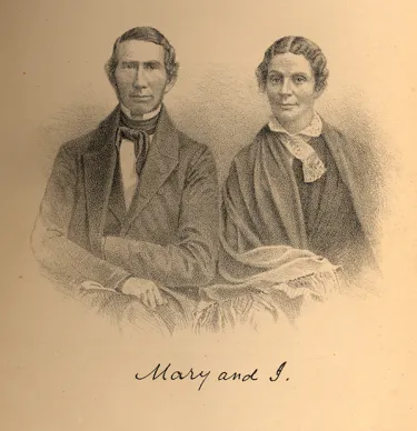 Sketch portrait of John and Mary Riggs sitting together. Text underneath the sketch reads Mary and I.