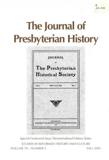 The cover of the Fall 2001 edition of the Journal of Presbyterian History, the cover image of which is a scan of the first edition of the journal, printed in May 1901.