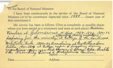 An index card sized document filled out by Gabino Rendon and sent to the Board of National Missions.