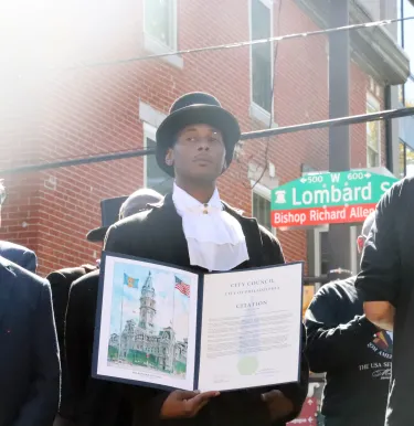 Living history reenactor Mr. Marques Daughtry performing as the Bishop Richard Allen, for whom the corner of 6th and Lombard was renamed on October 7 in Philadelphia, PA.