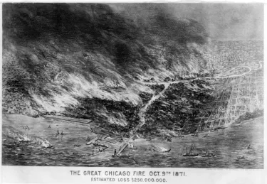 A drawn rendition of the great fire in Chicago in October 1871, black and white.