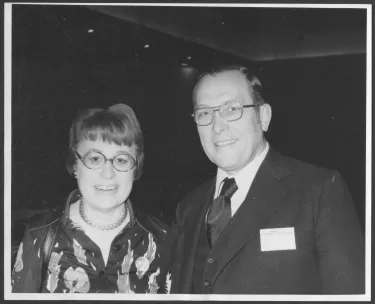 Claire Randall installed in NCC post in February 1974 ceremony held in Los Angeles. Claire stands on the left of the image; to her right is Dr. William P. Thompson, stated clerk of the United Presbyterian General Assembly, who presided at the ceremony. 