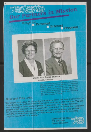 Publication with blue background and black and white photos of David and Polly Miller.