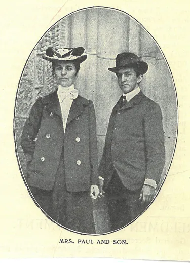 A middle-aged Tillie Paul, perhaps in her 30s, is photographed standing next to her son (name not mentioned).