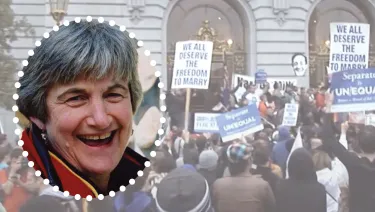 Rev. Dr. Jane Adams Spahr (left). August 2010 rally supporting U.S. district judge Vaughn Walker's striking down of Proposition 8, a California ballot proposition and a state constitutional amendment that banned same-sex marriage in the state (right).