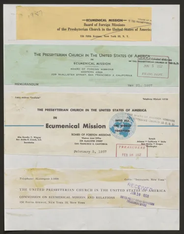 Letterheads of the Commission on Ecumenical Mission and Relations and the Board of Foreign Missions, 1957-1959.