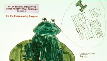 Slide from "I hope they don't bomb my lilypad:&nbsp;peacemaking, a child's view, about 1982."