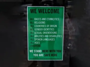 Sign that welcomes all races and ethnicities, religions, countries of origin, gender identities, sexual orientations, abilities and disabilities, spoken languages, ages… everyone.