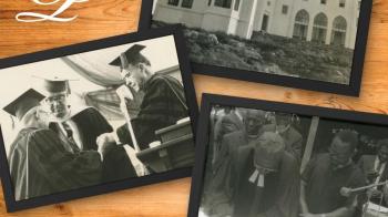 Three black and white photographs atop a wooden desk background.