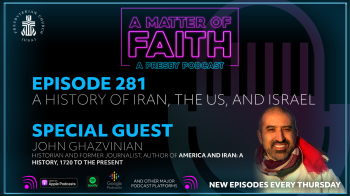 A promotional slide for A Matter of Faith, A Presby Podcast featuring author John Gazvinian