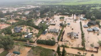 Aerial view of a flooded neighborhood