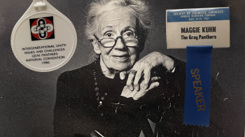 Maggie Kuhn and two badges of attendance from events 