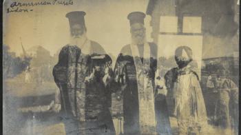 Two priests stand side by side, photograph taken in Armenia in 1919.
