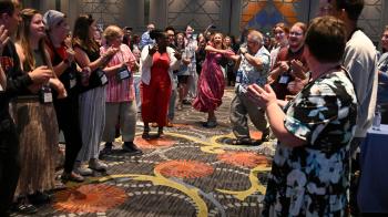 Many participants of the 226th General Assembly (2024) danced between worship and plenary on July 3, 2024. Photo by Rich Copley
