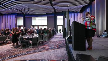 The Rev. Dr. Diane Givens Moffett speaks to the crowd at a dinner held in her honor on Monday night, June 29, 2026. Photo by Rich Copley.
