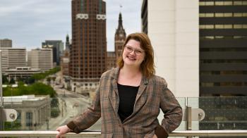 Kate Trigger Duffert, director of General Assembly Planning, on the balcony of the Baird Center on May 21, 2026. Photo by Rich Copley.