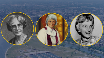 Three circle frames across the middle of the image hold images of three women trailblazers of Milwaukee. Background image is of the Milwaukee skyline.