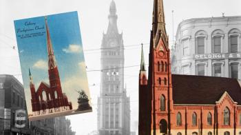 Two images of the Big Red Church; background image is a black and white photo of Milwaukee's City Hall in 1900.