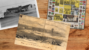 Wooden desk background upon which three images are displayed