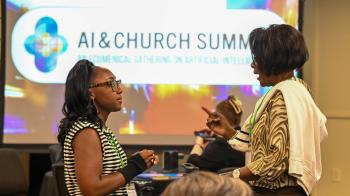 Ecumenical participants at the 2026 AI Church Summit chat between sessions.
