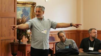 Rev. Canon Dr. Lorenzo Lebrija, executive director of TryTank Research Institute at Virginia Theology Seminary leads a session at the 2025 AI Church Summit.