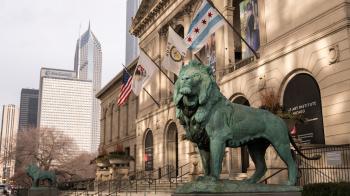 A sculpture of the a lion stands in front of the Art Institute of Chicago's classic  facade.