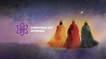 The Christmas Joy Offering logo and three brush painted kings with their back to us facing a star. 