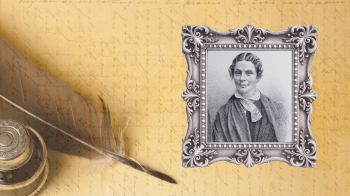 A black gilded frame presents a sketch portrait of Mary Riggs. To the left is an image of a quill pen.