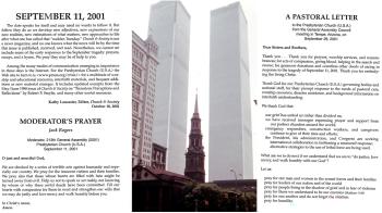 Two pages of text on white backgrounds - in between the two pages is a photo of St. Paul's church in NYC and the World Trade Center, in 1979.